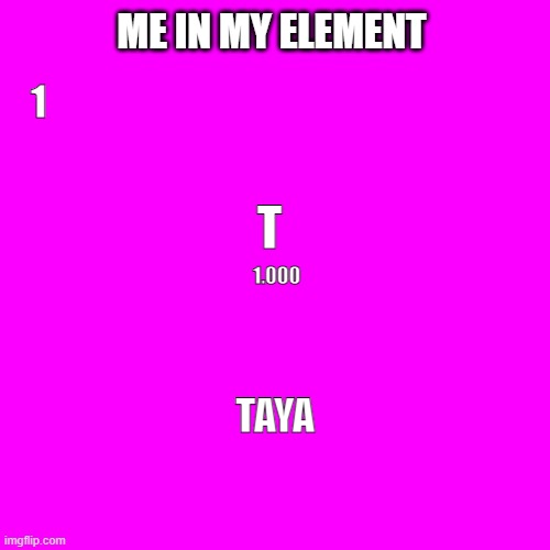 Blank Transparent Square Meme | ME IN MY ELEMENT; 1; T; 1.000; TAYA | image tagged in memes,blank transparent square | made w/ Imgflip meme maker