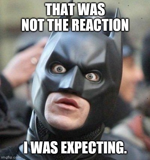 Shocked Batman | THAT WAS NOT THE REACTION I WAS EXPECTING. | image tagged in shocked batman | made w/ Imgflip meme maker