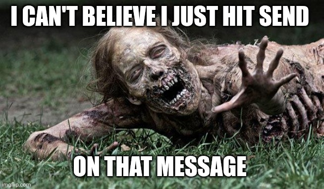 Whell... Bye |  I CAN'T BELIEVE I JUST HIT SEND; ON THAT MESSAGE | image tagged in walking dead zombie | made w/ Imgflip meme maker