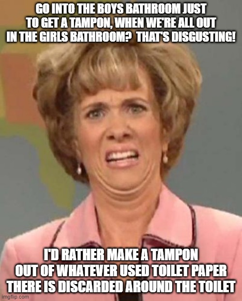 Some Things Are Just Too Disgusting! | GO INTO THE BOYS BATHROOM JUST TO GET A TAMPON, WHEN WE'RE ALL OUT IN THE GIRLS BATHROOM?  THAT'S DISGUSTING! I'D RATHER MAKE A TAMPON OUT OF WHATEVER USED TOILET PAPER THERE IS DISCARDED AROUND THE TOILET | image tagged in disgusted kristin wiig,school bathrooms,tampons,memes,dark humor,what the | made w/ Imgflip meme maker