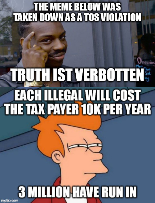 THE MEME BELOW WAS TAKEN DOWN AS A TOS VIOLATION; TRUTH IST VERBOTTEN | image tagged in memes,roll safe think about it | made w/ Imgflip meme maker