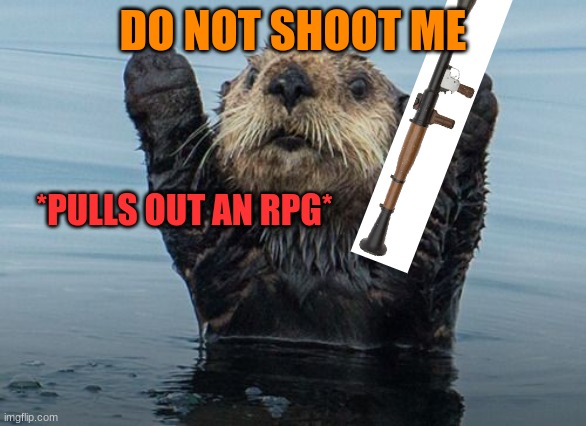 where did i get from?????????????!?!?!?!?!?!?!?!?!?!?!?!?!?!?!??!!?!?!?!? | DO NOT SHOOT ME *PULLS OUT AN RPG* | image tagged in hands up otter | made w/ Imgflip meme maker