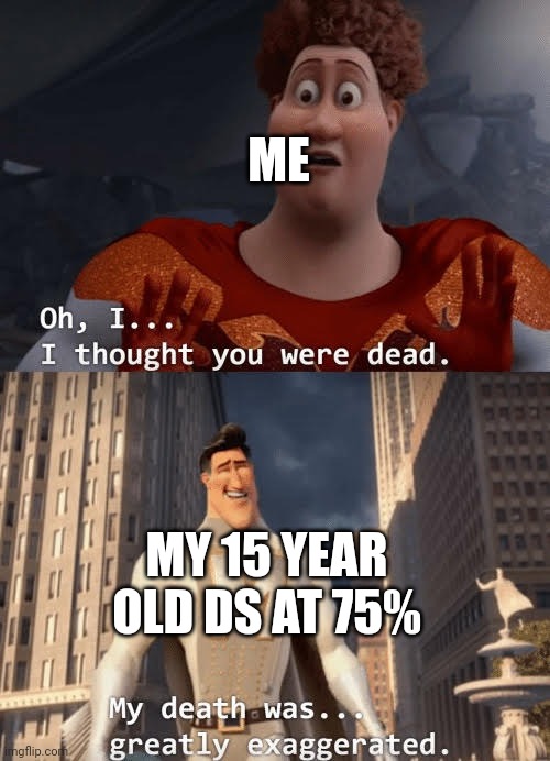 My death was greatly exaggerated | ME MY 15 YEAR OLD DS AT 75% | image tagged in my death was greatly exaggerated | made w/ Imgflip meme maker