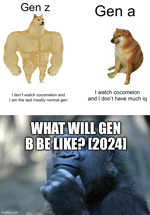 Hmm | Gen a; Gen z; I watch cocomelon and I don’t have much iq; I don’t watch cocomelon and I am the last mostly normal gen; WHAT WILL GEN B BE LIKE? [2024] | image tagged in memes,buff doge vs cheems,deep thoughts | made w/ Imgflip meme maker