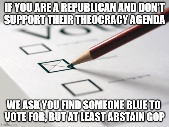 Voting Ballot | IF YOU ARE A REPUBLICAN AND DON'T
SUPPORT THEIR THEOCRACY AGENDA; WE ASK YOU FIND SOMEONE BLUE TO 
VOTE FOR, BUT AT LEAST ABSTAIN GOP | image tagged in voting ballot | made w/ Imgflip meme maker