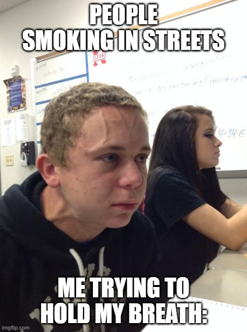 Respiratory meme | PEOPLE SMOKING IN STREETS; ME TRYING TO HOLD MY BREATH: | image tagged in hold fart | made w/ Imgflip meme maker