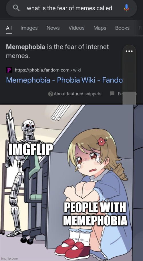 Oh no it would suck to have that phobia | IMGFLIP; PEOPLE WITH MEMEPHOBIA | image tagged in anime girl hiding from terminator,phobia | made w/ Imgflip meme maker