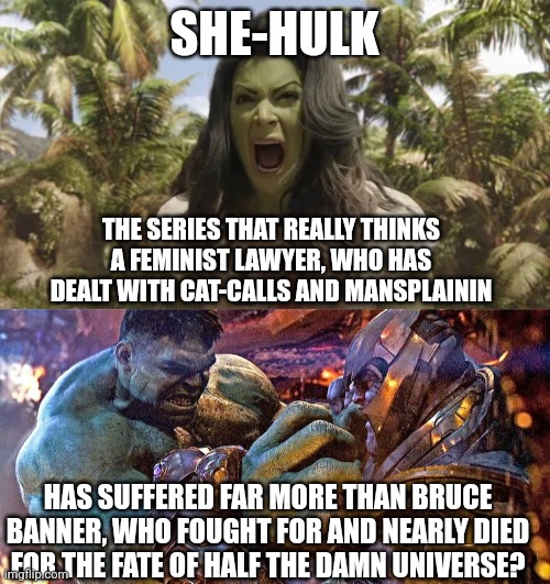 Have the gender study majors writing for She-Hulk actually seen a Marvel movie? |  SHE-HULK; THE SERIES THAT REALLY THINKS A FEMINIST LAWYER, WHO HAS DEALT WITH CAT-CALLS AND MANSPLAININ; HAS SUFFERED FAR MORE THAN BRUCE BANNER, WHO FOUGHT FOR AND NEARLY DIED FOR THE FATE OF HALF THE DAMN UNIVERSE? | image tagged in she hulk,hulk,feminism,boring,ridiculous,marvel | made w/ Imgflip meme maker