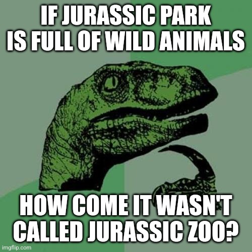 Things that cross your mind at 2am |  IF JURASSIC PARK IS FULL OF WILD ANIMALS; HOW COME IT WASN'T CALLED JURASSIC ZOO? | image tagged in memes,philosoraptor,jurrasic park,zoo,names | made w/ Imgflip meme maker