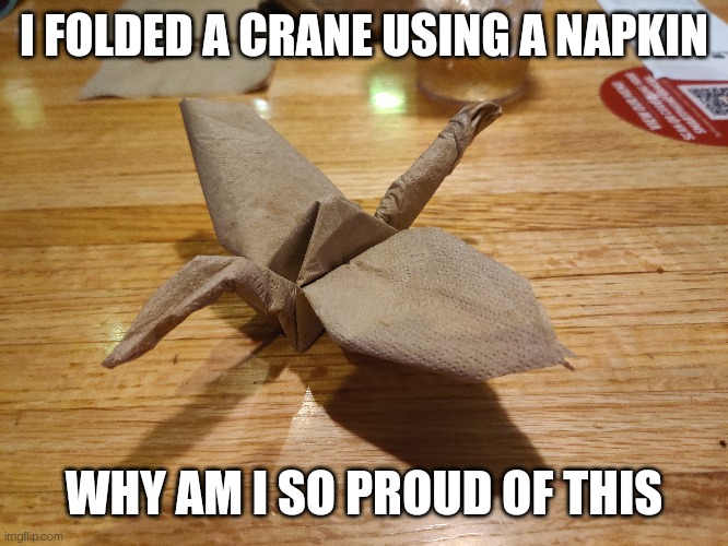 I FOLDED A CRANE USING A NAPKIN; WHY AM I SO PROUD OF THIS | made w/ Imgflip meme maker