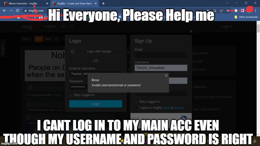 this has been going on for months |  Hi Everyone, Please Help me; I CANT LOG IN TO MY MAIN ACC EVEN THOUGH MY USERNAME AND PASSWORD IS RIGHT | image tagged in help,please,why | made w/ Imgflip meme maker