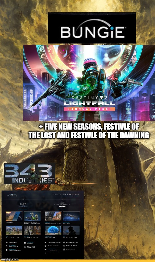 Halo Infinte's "live service" vs Destiny 2's live service for the foreseeable future | + FIVE NEW SEASONS, FESTIVLE OF THE LOST AND FESTIVLE OF THE DAWNING | image tagged in fantasy painting,halo,destiny 2,343,bungie | made w/ Imgflip meme maker