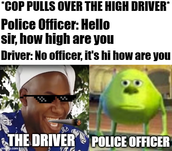He's got the point lol | *COP PULLS OVER THE HIGH DRIVER*; Police Officer: Hello sir, how high are you; Driver: No officer, it's hi how are you; POLICE OFFICER; THE DRIVER | image tagged in sully wazowski,hehe boi,memes | made w/ Imgflip meme maker