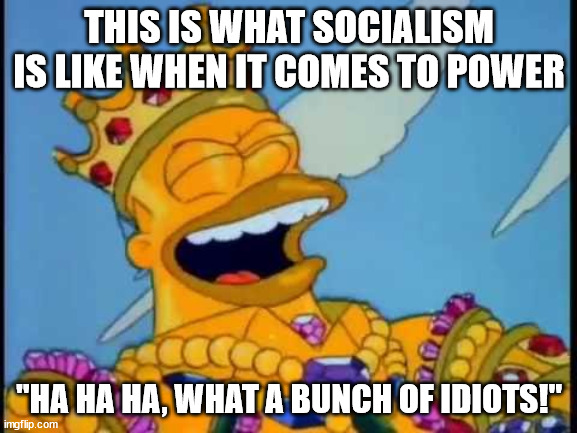Socialism is a criminal ideology | THIS IS WHAT SOCIALISM IS LIKE WHEN IT COMES TO POWER; "HA HA HA, WHAT A BUNCH OF IDIOTS!" | image tagged in homer jewel,politics,socialism,memes | made w/ Imgflip meme maker