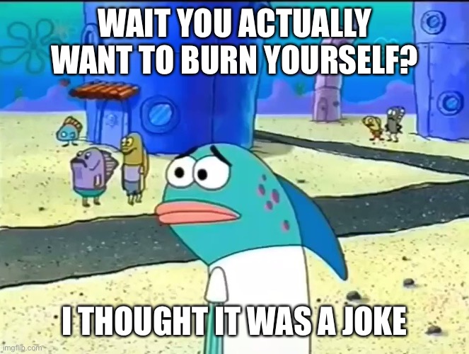 @bubonic | WAIT YOU ACTUALLY WANT TO BURN YOURSELF? I THOUGHT IT WAS A JOKE | image tagged in wait i thought it was a joke | made w/ Imgflip meme maker