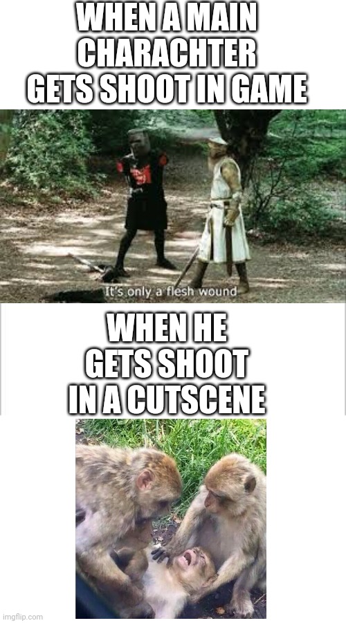 white background | WHEN A MAIN CHARACHTER GETS SHOOT IN GAME; WHEN HE GETS SHOOT IN A CUTSCENE | image tagged in funny,memes,gaming | made w/ Imgflip meme maker