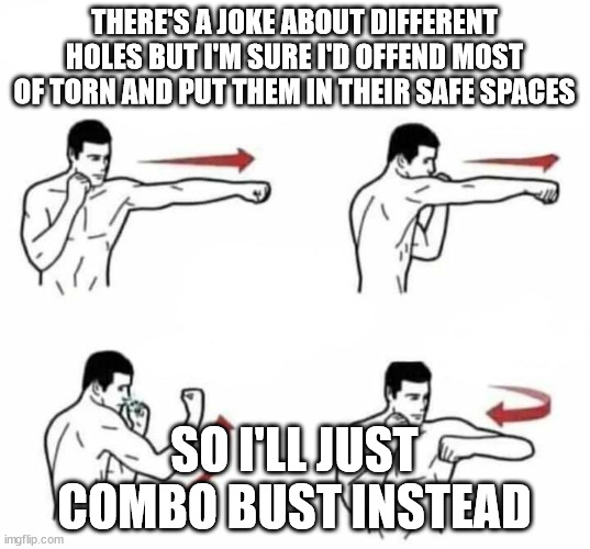 punch combo | THERE'S A JOKE ABOUT DIFFERENT HOLES BUT I'M SURE I'D OFFEND MOST OF TORN AND PUT THEM IN THEIR SAFE SPACES; SO I'LL JUST COMBO BUST INSTEAD | image tagged in punch combo | made w/ Imgflip meme maker