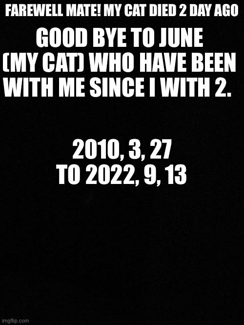 Farewell my dude! | FAREWELL MATE! MY CAT DIED 2 DAY AGO; GOOD BYE TO JUNE (MY CAT) WHO HAVE BEEN WITH ME SINCE I WITH 2. 2010, 3, 27 TO 2022, 9, 13 | image tagged in cats,death | made w/ Imgflip meme maker