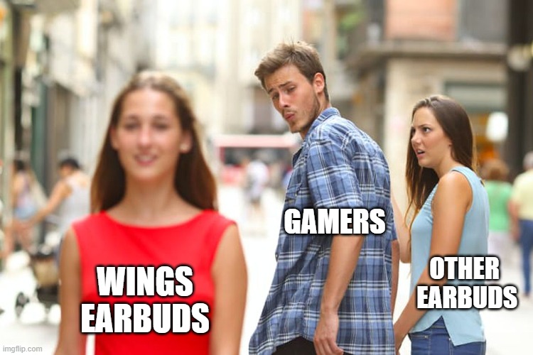 Distracted Boyfriend Meme | GAMERS; OTHER 
EARBUDS; WINGS
EARBUDS | image tagged in memes,distracted boyfriend | made w/ Imgflip meme maker