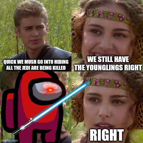 Anikan kinda sus |  QUICK WE MUSH GO INTO HIDING ALL THE JEDI ARE BEING KILLED; WE STILL HAVE THE YOUNGLINGS RIGHT; RIGHT | image tagged in anakin padme 4 panel,sus,star wars,funny meme,memes | made w/ Imgflip meme maker