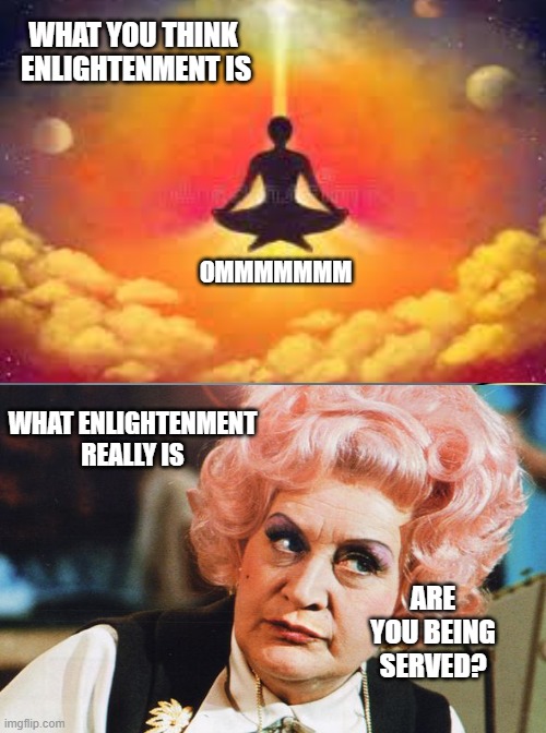 Memes | WHAT YOU THINK  ENLIGHTENMENT IS; OMMMMMMM; WHAT ENLIGHTENMENT REALLY IS; ARE YOU BEING SERVED? | image tagged in memes | made w/ Imgflip meme maker