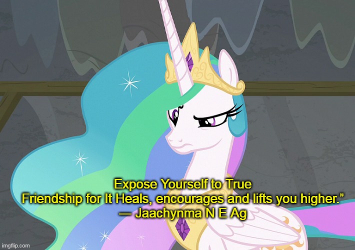 Confused Celestia (MLP) | Expose Yourself to True Friendship for It Heals, encourages and lifts you higher.”
― Jaachynma N E Ag | image tagged in confused celestia mlp | made w/ Imgflip meme maker