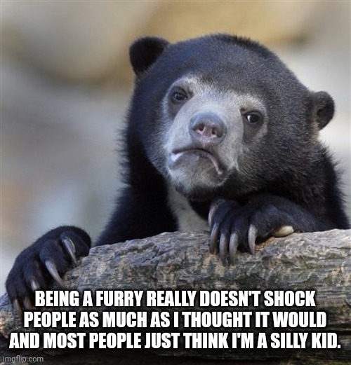 Confession Bear Meme | BEING A FURRY REALLY DOESN'T SHOCK PEOPLE AS MUCH AS I THOUGHT IT WOULD AND MOST PEOPLE JUST THINK I'M A SILLY KID. | image tagged in memes,confession bear | made w/ Imgflip meme maker