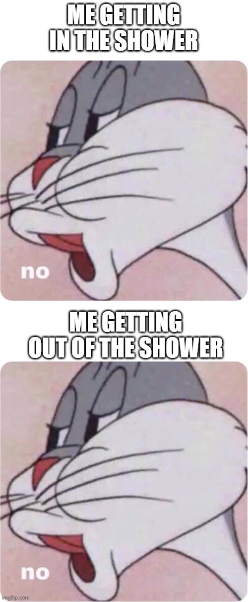 ME GETTING IN THE SHOWER; ME GETTING OUT OF THE SHOWER | image tagged in bugs bunny no | made w/ Imgflip meme maker