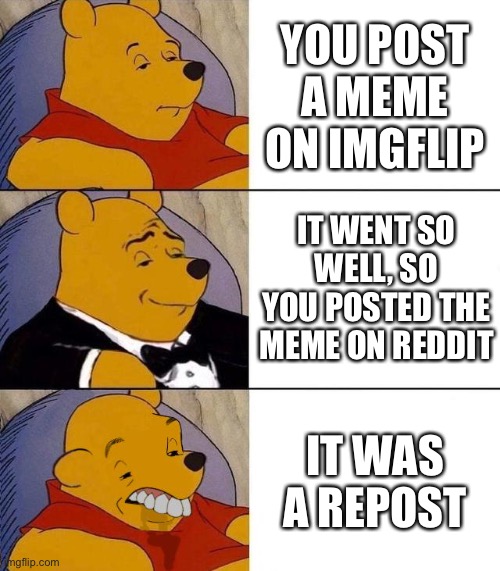 Best,Better, Blurst | YOU POST A MEME ON IMGFLIP; IT WENT SO WELL, SO YOU POSTED THE MEME ON REDDIT; IT WAS A REPOST | image tagged in best better blurst,memes,reddit,imgflip,dank memes,funny | made w/ Imgflip meme maker