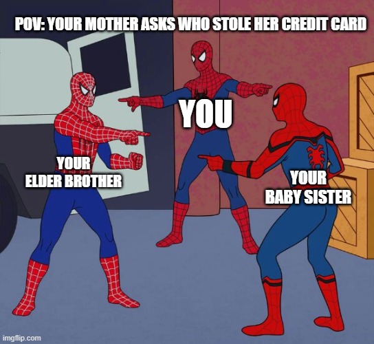 Blaming |  POV: YOUR MOTHER ASKS WHO STOLE HER CREDIT CARD; YOU; YOUR ELDER BROTHER; YOUR BABY SISTER | image tagged in spider man triple | made w/ Imgflip meme maker