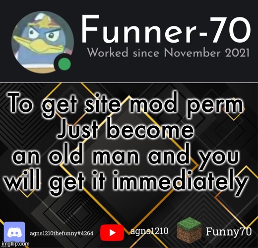 Funner-70’s Announcement | To get site mod perm
Just become an old man and you will get it immediately | image tagged in funner-70 s announcement | made w/ Imgflip meme maker