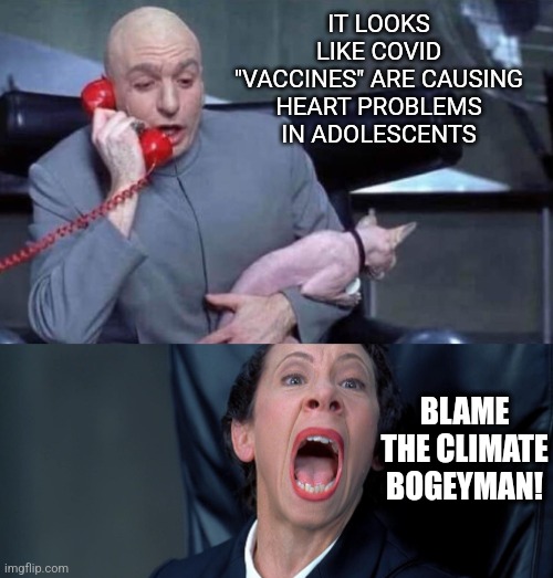 Dr Evil and Frau | IT LOOKS LIKE COVID "VACCINES" ARE CAUSING HEART PROBLEMS IN ADOLESCENTS BLAME THE CLIMATE BOGEYMAN! | image tagged in dr evil and frau | made w/ Imgflip meme maker
