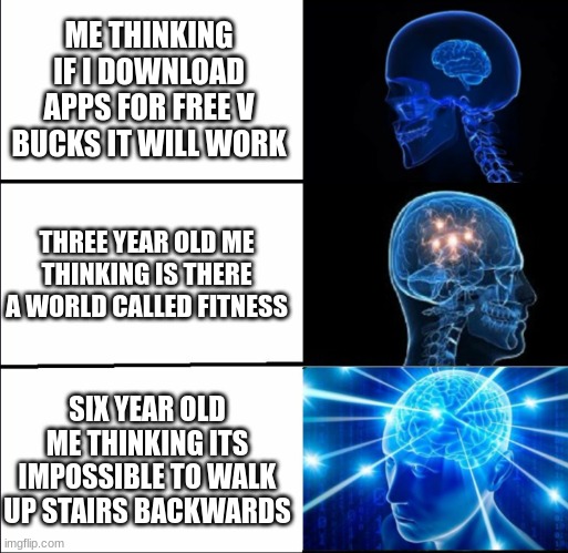 big brain | ME THINKING IF I DOWNLOAD APPS FOR FREE V BUCKS IT WILL WORK; THREE YEAR OLD ME THINKING IS THERE A WORLD CALLED FITNESS; SIX YEAR OLD ME THINKING ITS IMPOSSIBLE TO WALK UP STAIRS BACKWARDS | image tagged in galaxy brain 3 brains | made w/ Imgflip meme maker