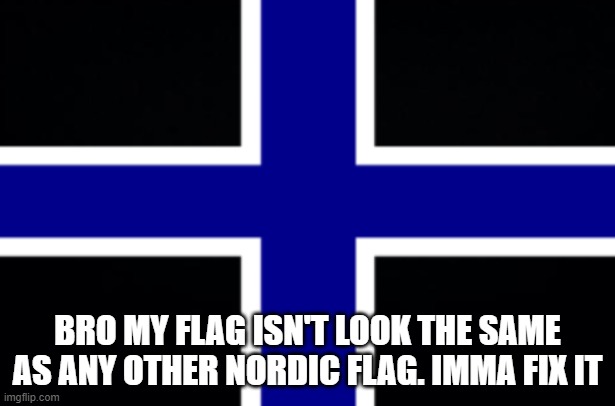 eyzaraqilla's flag | BRO MY FLAG ISN'T LOOK THE SAME AS ANY OTHER NORDIC FLAG. IMMA FIX IT | image tagged in eyzaraqilla's flag | made w/ Imgflip meme maker