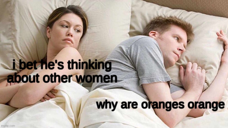 I Bet He's Thinking About Other Women | i bet he's thinking about other women; why are oranges orange | image tagged in memes,i bet he's thinking about other women | made w/ Imgflip meme maker