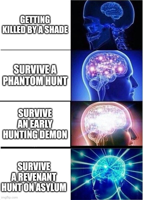 Phasmophobia | GETTING KILLED BY A SHADE; SURVIVE A PHANTOM HUNT; SURVIVE AN EARLY HUNTING DEMON; SURVIVE A REVENANT HUNT ON ASYLUM | image tagged in memes,expanding brain | made w/ Imgflip meme maker