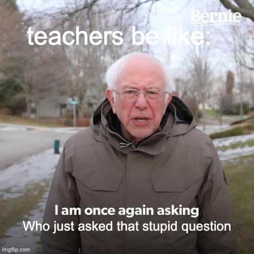 bbbbut you tell us we can ask questions teacher | teachers be like:; Who just asked that stupid question | image tagged in memes,bernie i am once again asking for your support | made w/ Imgflip meme maker