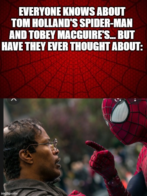 EVERYONE KNOWS ABOUT TOM HOLLAND'S SPIDER-MAN AND TOBEY MACGUIRE'S... BUT HAVE THEY EVER THOUGHT ABOUT: | image tagged in spidey,andrew garfield's spidey,the amazing spider-man | made w/ Imgflip meme maker