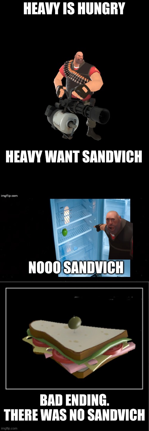 No sandvich |  HEAVY IS HUNGRY; HEAVY WANT SANDVICH; NOOO SANDVICH; BAD ENDING. THERE WAS NO SANDVICH | image tagged in double long black template,black square,demotivational poster | made w/ Imgflip meme maker