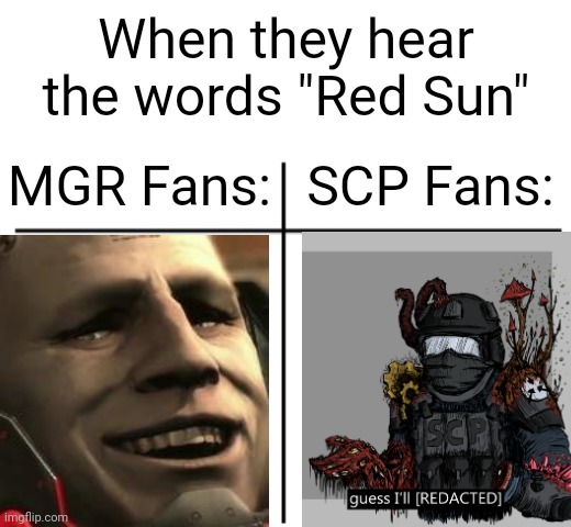 When Day Breaks for revengence players | When they hear the words "Red Sun"; SCP Fans:; MGR Fans: | image tagged in t chart,metal gear,scp,guess ill die | made w/ Imgflip meme maker
