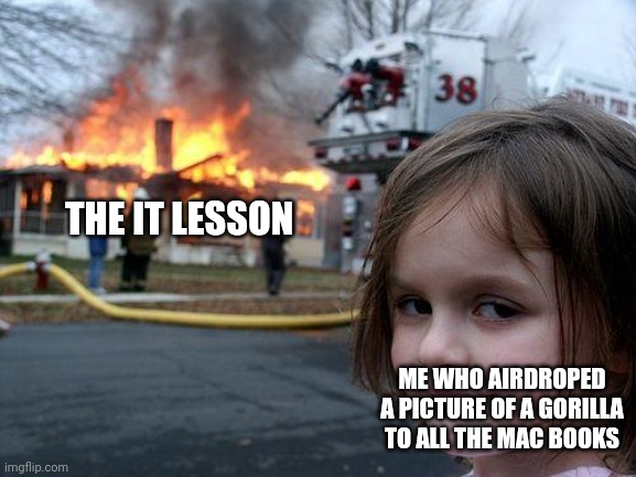 Disaster Girl Meme | THE IT LESSON; ME WHO AIRDROPED A PICTURE OF A GORILLA TO ALL THE MAC BOOKS | image tagged in memes,disaster girl | made w/ Imgflip meme maker