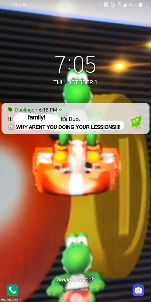 Duolingo Notification | family! WHY ARENT YOU DOING YOUR LESSIONS!!!! | image tagged in duolingo notification | made w/ Imgflip meme maker