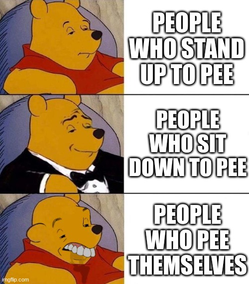 piss joke lololololololol | PEOPLE WHO STAND UP TO PEE; PEOPLE WHO SIT DOWN TO PEE; PEOPLE WHO PEE THEMSELVES | image tagged in best better blurst,pee | made w/ Imgflip meme maker