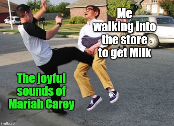 Kicked in ze nuts | Me walking into the store to get Milk; The joyful sounds of Mariah Carey | image tagged in kicked in ze nuts | made w/ Imgflip meme maker