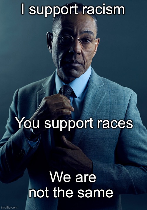 Gus Fring we are not the same | I support racism; You support races; We are not the same | image tagged in gus fring we are not the same | made w/ Imgflip meme maker