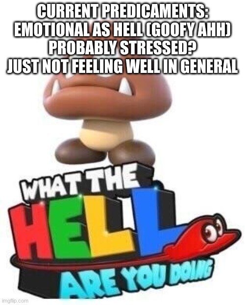 what the hell are you doing | CURRENT PREDICAMENTS:
EMOTIONAL AS HELL (GOOFY AHH)
PROBABLY STRESSED?
JUST NOT FEELING WELL IN GENERAL | image tagged in what the hell are you doing | made w/ Imgflip meme maker