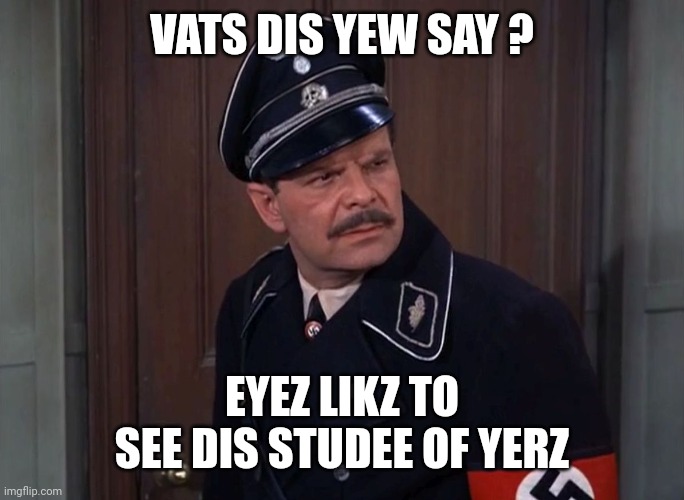 Major Wolfgang Hochstetter | VATS DIS YEW SAY ? EYEZ LIKZ TO SEE DIS STUDEE OF YERZ | image tagged in major wolfgang hochstetter | made w/ Imgflip meme maker