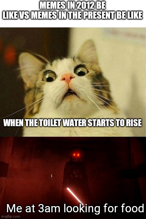 MEMES IN 2012 BE LIKE VS MEMES IN THE PRESENT BE LIKE; WHEN THE TOILET WATER STARTS TO RISE; Me at 3am looking for food | image tagged in memes,scared cat,darth vader rogue one hallway | made w/ Imgflip meme maker
