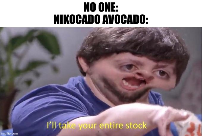 I'll take your entire stock | NO ONE:
NIKOCADO AVOCADO: | image tagged in i'll take your entire stock | made w/ Imgflip meme maker