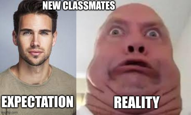 Expectations vs reality: new classmates | NEW CLASSMATES; EXPECTATION; REALITY | image tagged in back to school,school,classmates | made w/ Imgflip meme maker